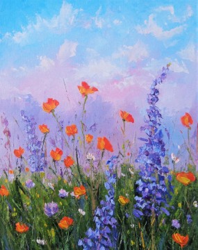 Flowers Painting - Wildflower meadow landscape by Palette Knife flowers wall decor